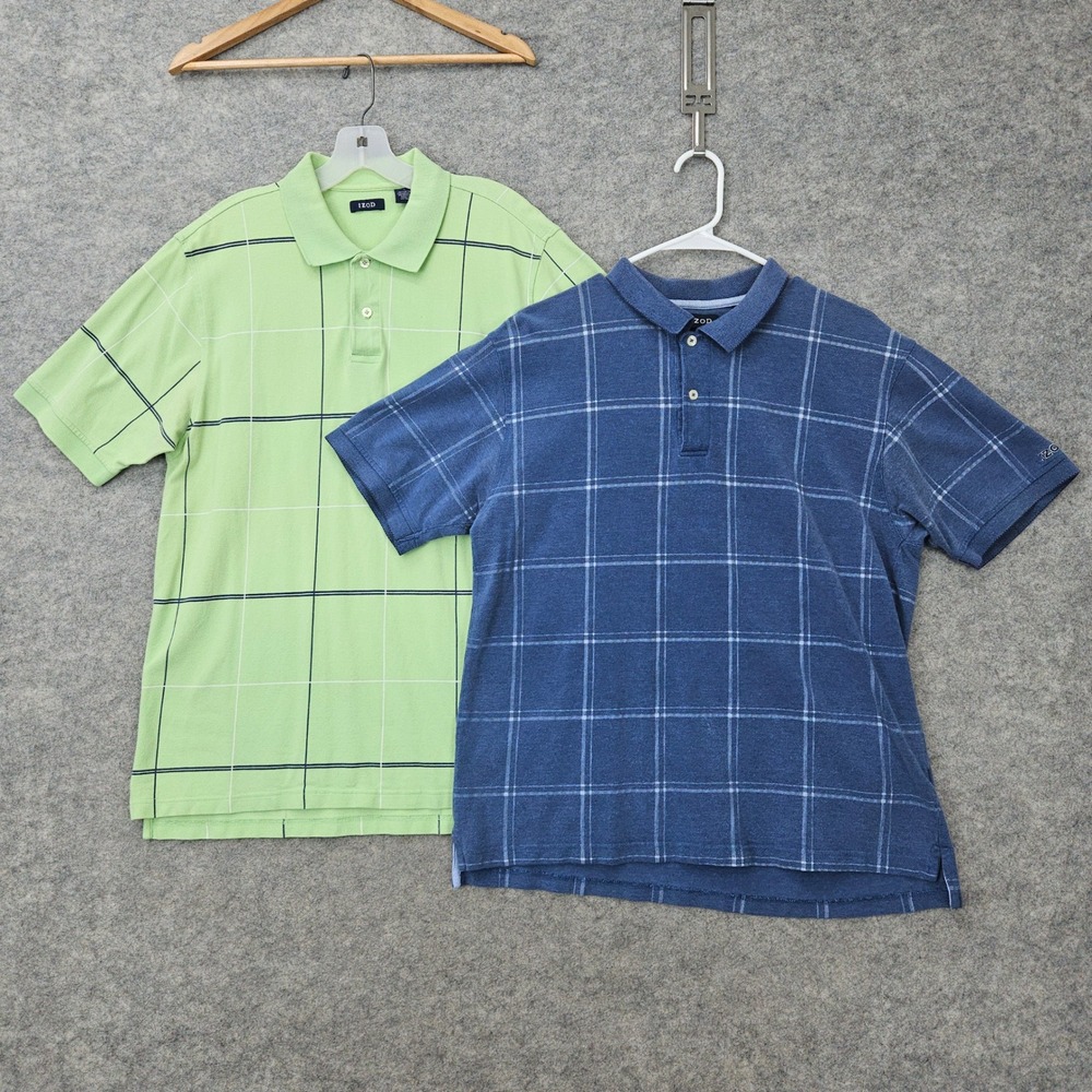 IZOD Pair of Men's Green & Blue Polo Shirts Size L 100% Cotton Plaid Windowpane